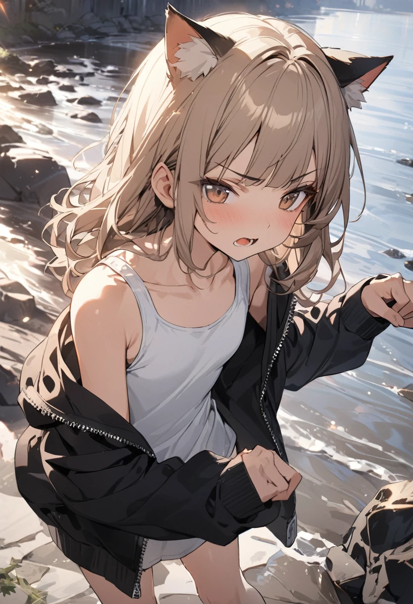 ((Masterpiece)), ((best quality)), (Anime:1.4), (super detail:1.2), (High Definition:1.3), (Professional Photography:1.3), (wide shot), (sharp focus), (perfect light), ((12 years old)), portrait, (morning), Very messy medium hair, ((ragged loose T-shirts)), (slightly exposed small breast), Beautiful collarbone, Slender body, (sit on the jetty), Sweaty skin, (Laughing), open mouth, Textured skin, Cat ears, Pale brown hair, Cute Beautiful Girl, BREAK, ((best quality)), outdoor, (on the rusty and dirty Collapsed jetty), (View of the sea and slums),