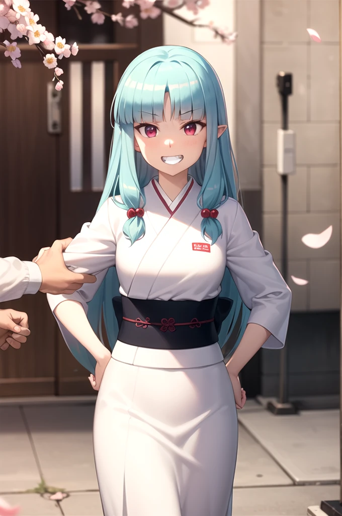 Highest quality, masterpiece, detailed,
Grisha,
One girl, Open your mouth, (Grin:1.2),
Aqua Hair, Red eyes, Long Hair, Hair Beads, Blunt bangs, Parted bangs, Pointed Ears,
GrishaKimono, kimono, White kimono, (Aqua Belt:1.2), Floral print,
Are standing, Put your hands on your hips, View your viewers,
Outdoor, (cherry blossoms:1.2), petal, (falling petal:1.2)