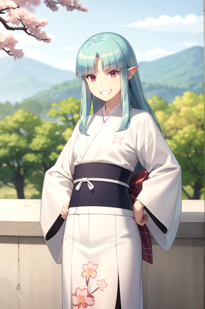 Highest quality, masterpiece, detailed,
Grisha,
One girl, Open your mouth, (Grin:1.2),
Aqua Hair, Red eyes, Long Hair, Hair Beads, Blunt bangs, Parted bangs, Pointed Ears,
GrishaKimono, kimono, White kimono, (Aqua Belt:1.2), Floral print,
Are standing, Put your hands on your hips, View your viewers,
Outdoor, (cherry blossoms:1.2), petal, (falling petal:1.2)