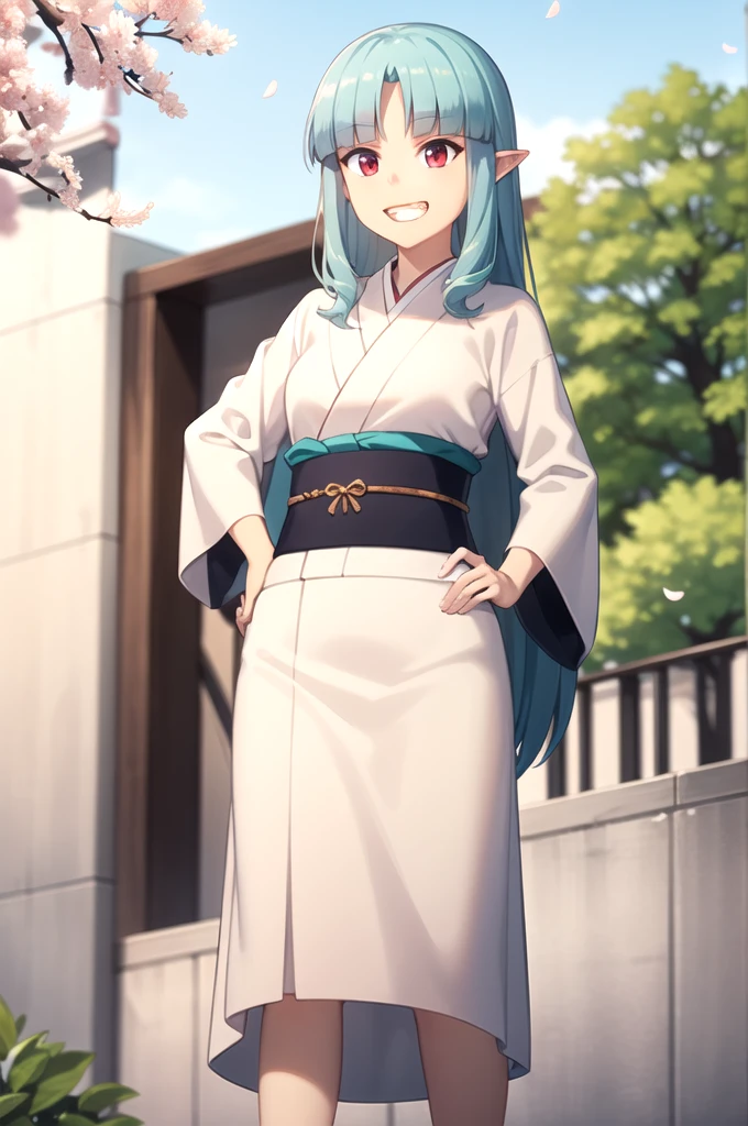 Highest quality, masterpiece, detailed,
Grisha,
One girl, Open your mouth, (Grin:1.2),
Aqua Hair, Red eyes, Long Hair, Hair Beads, Blunt bangs, Parted bangs, Pointed Ears,
GrishaKimono, kimono, White kimono, (Aqua Belt:1.2), Floral print,
Are standing, Put your hands on your hips, View your viewers,
Outdoor, (cherry blossoms:1.2), petal, (falling petal:1.2)