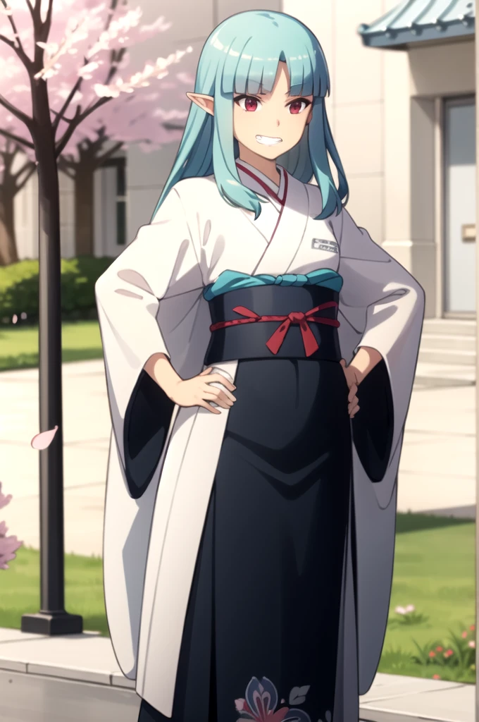 Highest quality, masterpiece, detailed,
Grisha,
One girl, Open your mouth, (Grin:1.2),
Aqua Hair, Red eyes, Long Hair, Hair Beads, Blunt bangs, Parted bangs, Pointed Ears,
GrishaKimono, kimono, White kimono, (Aqua Belt:1.2), Floral print,
Are standing, Put your hands on your hips, View your viewers,
Outdoor, (cherry blossoms:1.2), petal, (falling petal:1.2)