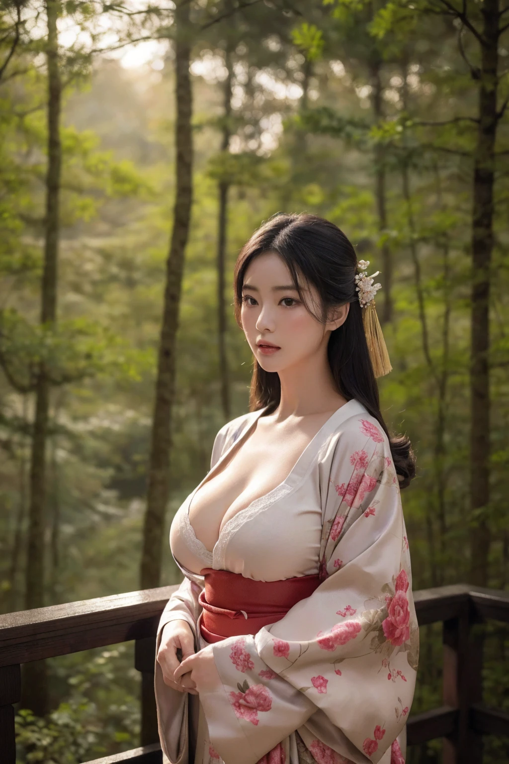 Beautiful woman、Japanese tradition、(Very large breasts)、kimono、Spectacular views、Suspicious atmosphere、Cinematic atmosphere、(best quality,4K,8K,highres,masterpiece:1.2),ultra-detailed,(realistic,photorealistic,photo-realistic:1.37)、Dim lighting、whole body、forest、forest、Dim lighting、(looking at viewer),Realistic、Like live action、Cinematic film