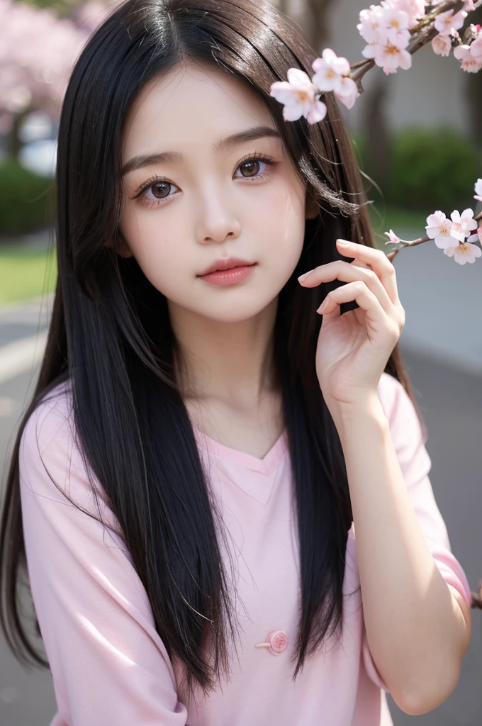 A three and a half year old little girl with long hair,It's black,The eyes are a light cherry blossom pink。
