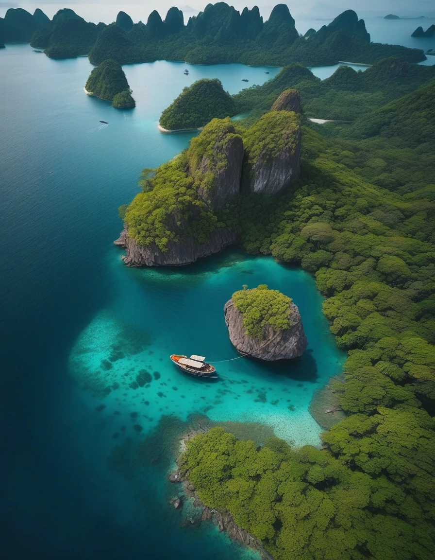 there is a boat that is traveling through the water near some rocks, epic matte painting of an island, flying rocky island, view from above on seascape, soaring over a lake in forest, scattered islands, natural landscape beauty, shot from a drone, 4k drone photography, drone photography, indonesia national geographic, “ aerial view of a mountain, archipelago