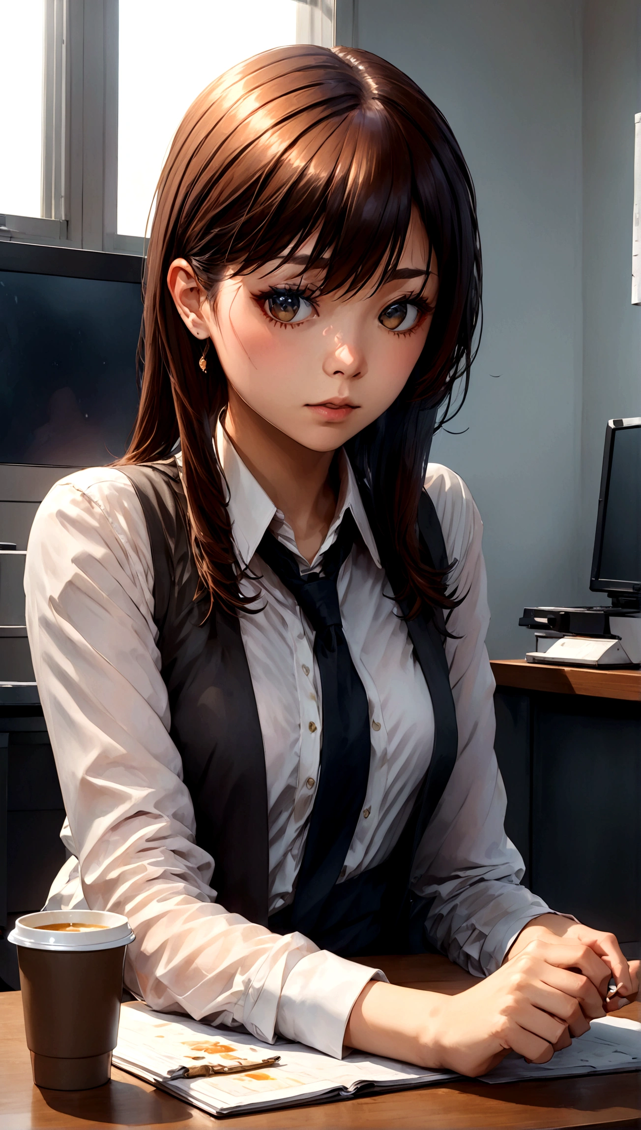 Ultra-high-resolution 8K portrait of a hyper-realistic J-POP styled office scene with a beautiful woman fighting afternoon drowsiness by drinking coffee, extremely detailed, cinematic composition, trending on ArtStation