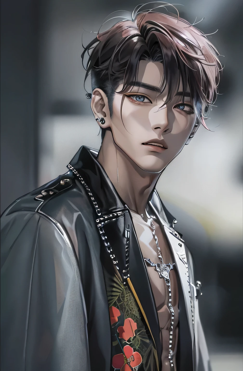 An absurd HDR masterpiece, High quality picture of a Korean boy in clear HD graphics, with his piercing amber eyes and chiseled jawline, dressed in stylish clothes, modern outfit, highlighting his lean physique. His short K-pop hair is styled in a modern style., giving him an air of confidence and charm, when he stands against a beautiful background