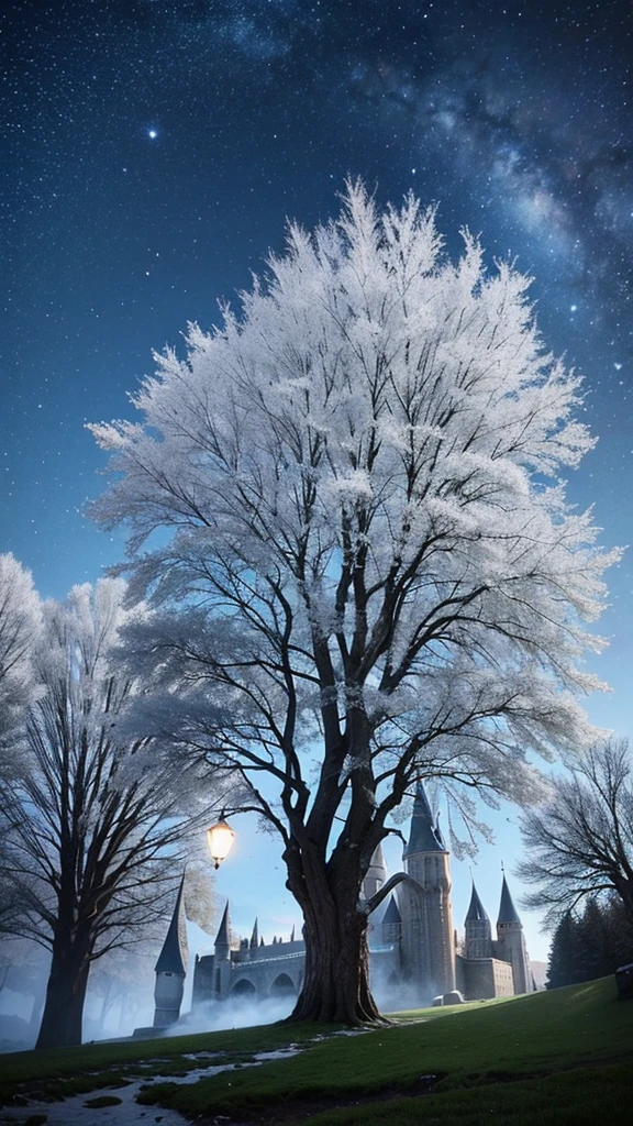 A large willow tree next to the white of Hogwarts,Night Sky,Harry potter
