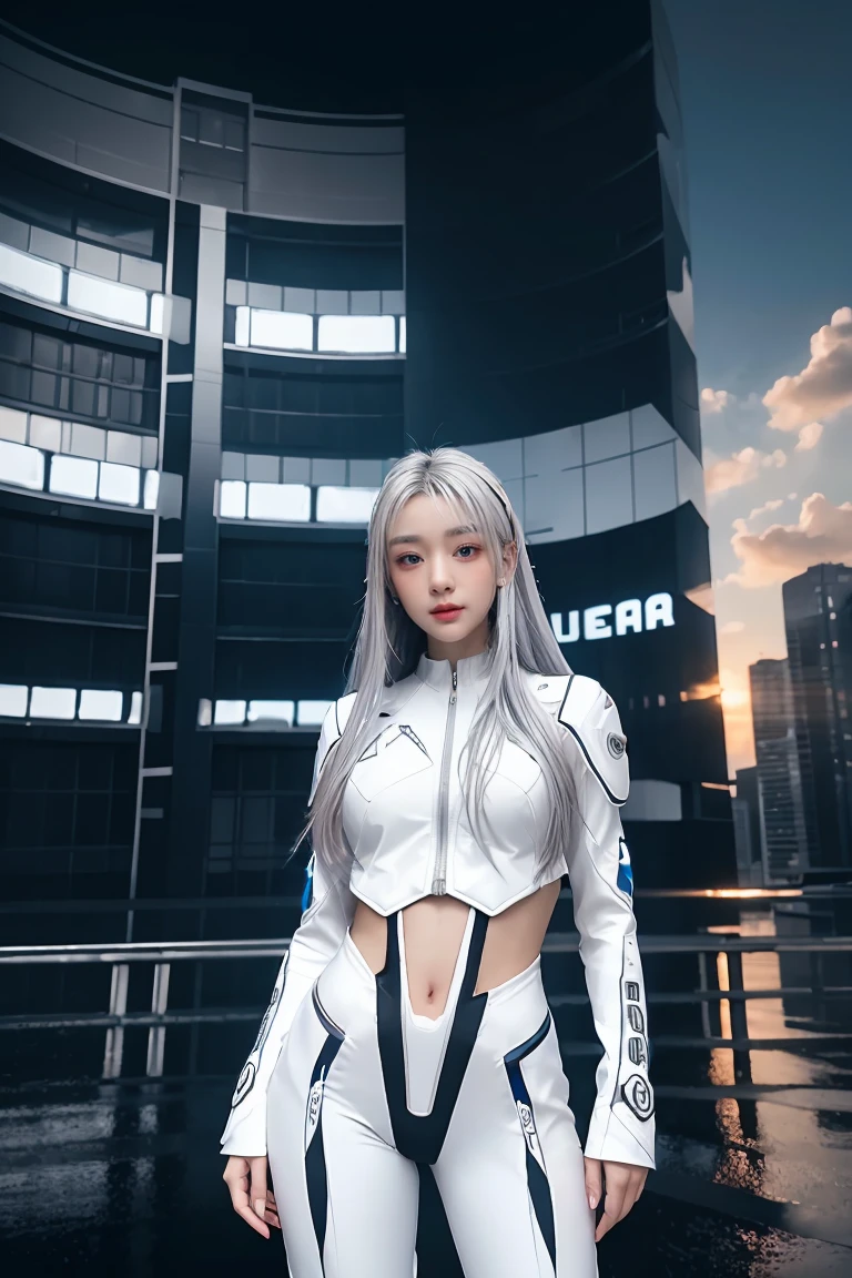 ((masterpiece, best quality, extremely detailed), volumetric lighting, ambient occlusion, colorful, glowing), 
1girl, solo, young girl, (silver hair), long hair, halo, aura, sacred, goddess, cyber suit, (white outfit:1.3), 
outdoors, sunset, sky, clouds, space, (cyberpunk theme:1.2),