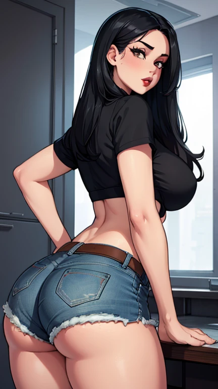 Girl with long black hair, wearing a white bra and short denim shorts. thick-thighs, Waist slender, breasts big, Red lips. focus on the ass. big-ass.