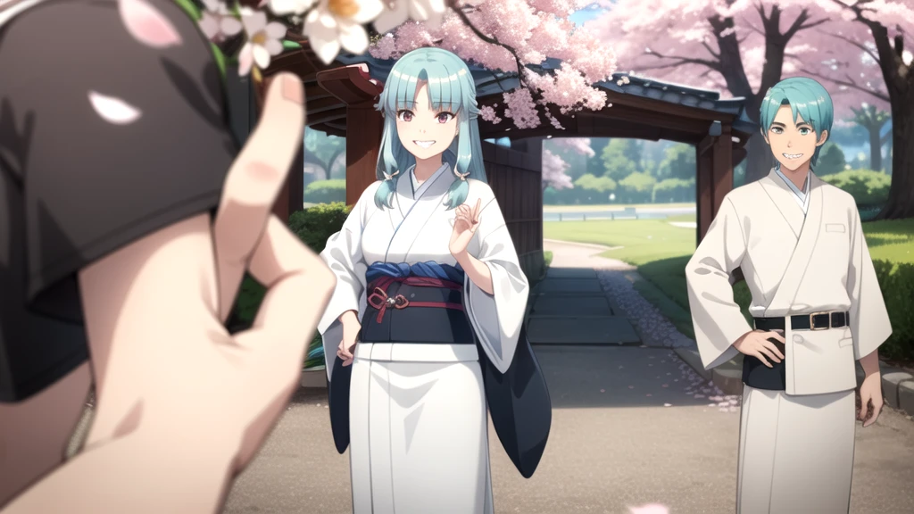 Highest quality, masterpiece, detailed,
Grisha,
One girl, Open your mouth, (Grin:1.2),
Aqua Hair, Red eyes, Long Hair, Hair Beads, Blunt bangs, Parted bangs, Pointed Ears,
GrishaKimono, kimono, White kimono, (Aqua Belt:1.2), Floral print,
Are standing, Put your hands on your hips, View your viewers,
Outdoor, (cherry blossoms:1.2), petal, (falling petal:1.2)