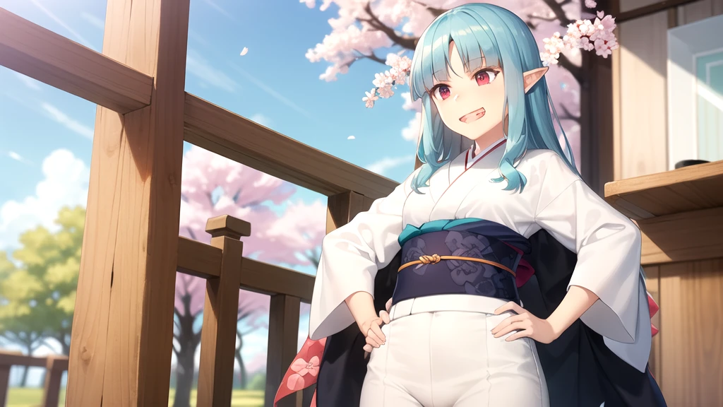 Highest quality, masterpiece, detailed,
Grisha,
One girl, Open your mouth, (Grin:1.2),
Aqua Hair, Red eyes, Long Hair, Hair Beads, Blunt bangs, Parted bangs, Pointed Ears,
GrishaKimono, kimono, White kimono, (Aqua Belt:1.2), Floral print,
Are standing, Put your hands on your hips, View your viewers,
Outdoor, (cherry blossoms:1.2), petal, (falling petal:1.2)