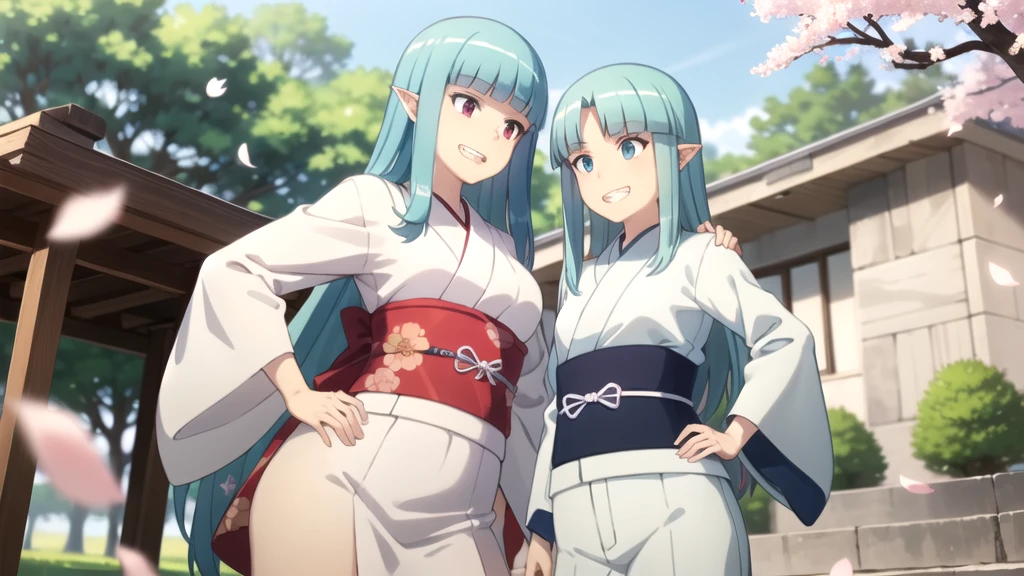 Highest quality, masterpiece, detailed,
Grisha,
One girl, Open your mouth, (Grin:1.2),
Aqua Hair, Red eyes, Long Hair, Hair Beads, Blunt bangs, Parted bangs, Pointed Ears,
GrishaKimono, kimono, White kimono, (Aqua Belt:1.2), Floral print,
Are standing, Put your hands on your hips, View your viewers,
Outdoor, (cherry blossoms:1.2), petal, (falling petal:1.2)