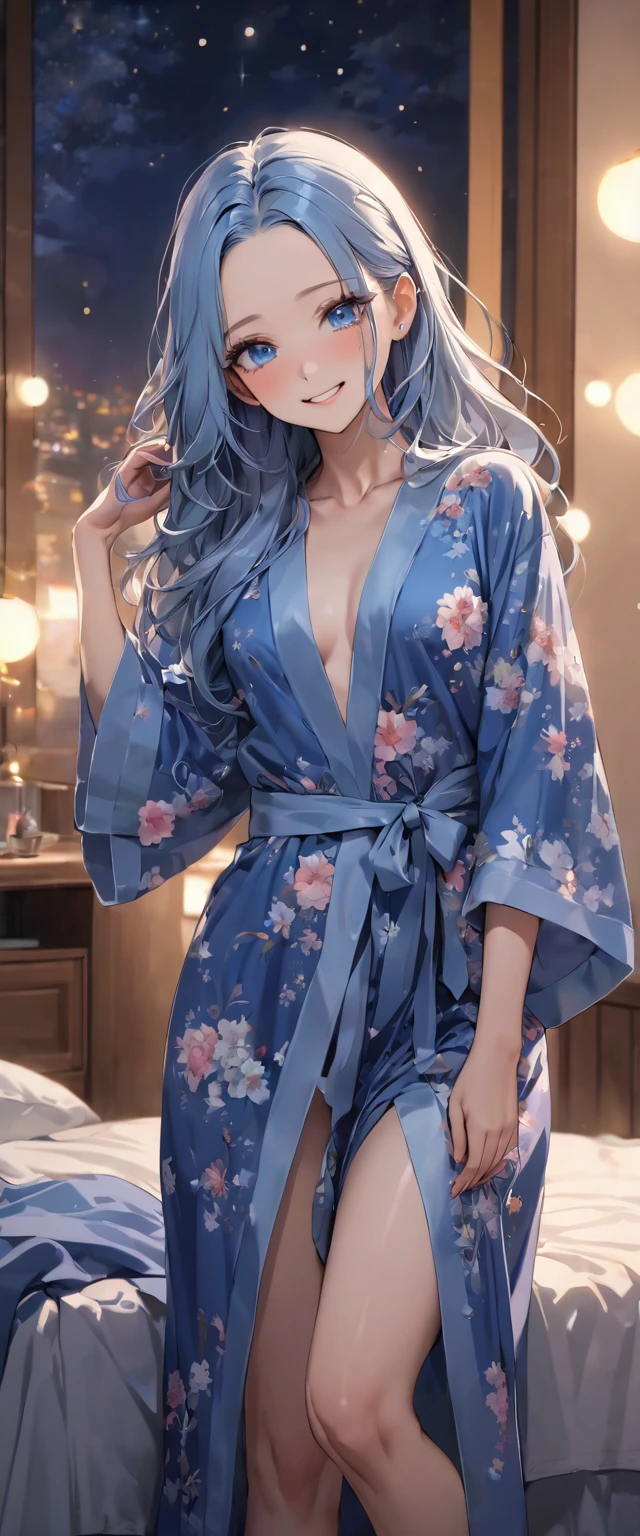 (love style) (solo, 15 yo, forehead blue hair beautiful long hair lovely girl, cute blue eyes, ecstasy smile), (in a detailed night robe), (in the night, night bedroom), BREAK, perfect anatomy, masterpiece, best quality, 16k, beautiful detailed night, daydreaming expression