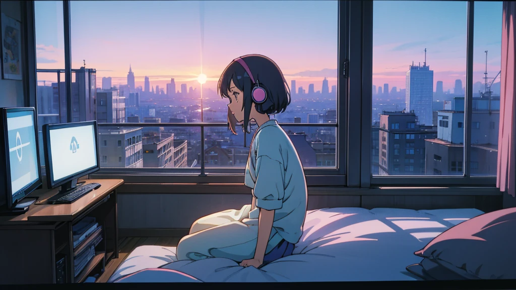 (From the side), Anime girl sitting in front of a computer in a cozy bedroom, Girl listening to music while using computer in cozy room (night), Use headphones, On the roof, (beautiful night views from windows), Lots of things, 3D Anime Style, The aesthetics of anime in the 90s, Lo-Fi, Very detailed, hard disk, A mix of anime style and Fujifilm, Surreal, 8K, masterpiece,(City Pop)