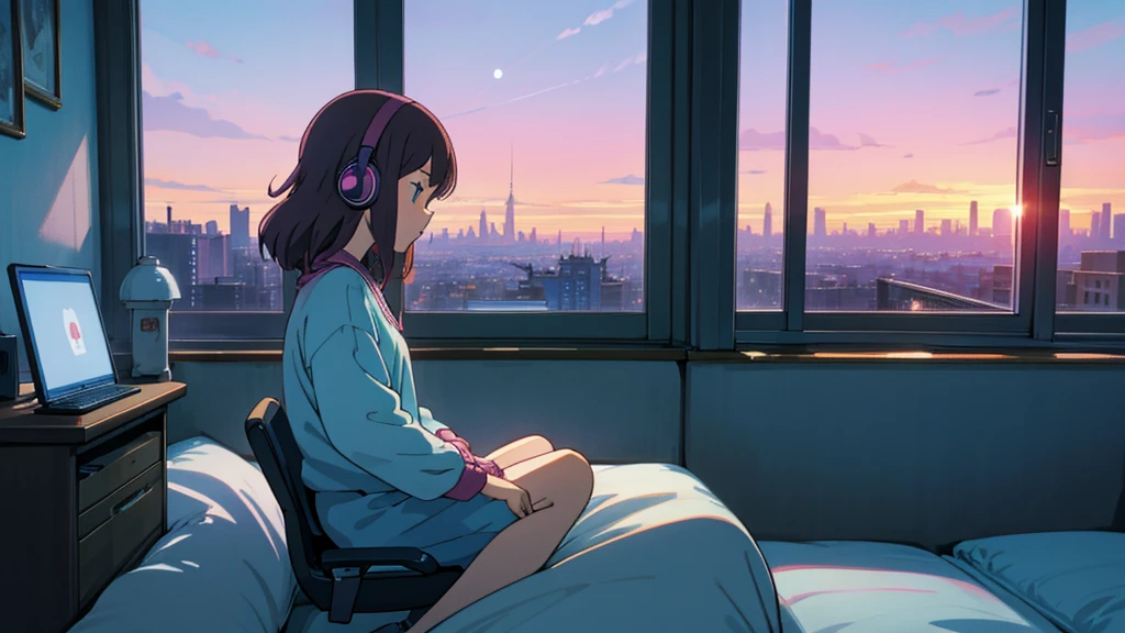 (From the side), Anime girl sitting in front of a computer in a cozy bedroom, Girl listening to music while using computer in cozy room (night), Use headphones, On the roof, (beautiful night views from windows), Lots of things, 3D Anime Style, The aesthetics of anime in the 90s, Lo-Fi, Very detailed, hard disk, A mix of anime style and Fujifilm, Surreal, 8K, masterpiece,(City Pop)