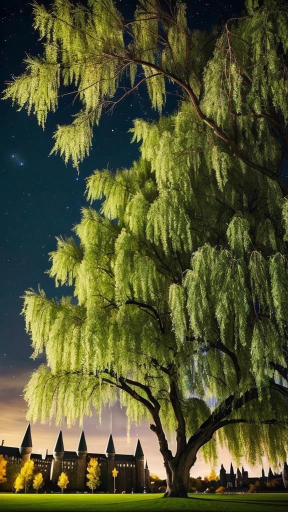 A large willow tree next to the white of Hogwarts,Night Sky,Harry potter