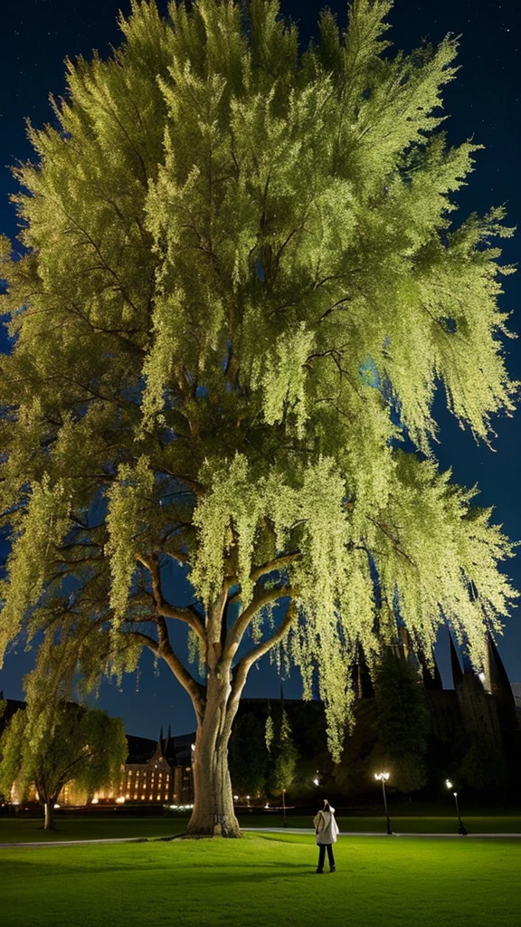 A large willow tree next to the white of Hogwarts,Night Sky,Harry potter