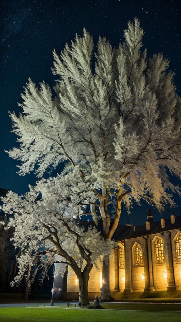 A large willow tree next to the white of Hogwarts,Night Sky,Harry potter