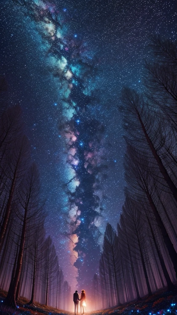 colorful forest, Sky with Stars,Glitter, a man and a Woman standing