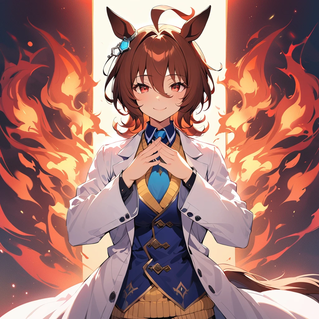 (8k, RAW photo, highest quality, masterpiece), (solo, 1 girl, ahoge: 1.2), ink painting, Uma Musume, shine, horse ears, horse tail, Uma Musume, 5 fingers, dynamic lighting, High resolution, sharp focus, depth of field, fashionable, elegance, charming, seductive, gorgeous, stunning, beautiful, charming, cute, beautiful detailed face, beautiful detailed eyes, soft expression, slim beautiful figure, Curvy, slender arms, graceful hands, delicate fingers, slender wrists, elegant neck, smooth skin, dynamic angles, perfect composition, Perfect anatomy, natural fingers, 5 fingers,((Agnes Tachyon \(umamusume\),Short hair,Red Eyes, Yellow sweater, navy blue tie, short tie, lab coat, lab coat long enough to cover hands,Confident look, devil look, final boss look, condescending look, mad scientist look,Devil's Smile