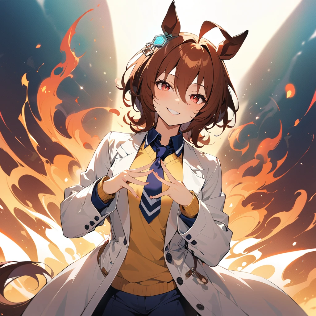 (8k, RAW photo, highest quality, masterpiece), (solo, 1 girl, ahoge: 1.2), ink painting, Uma Musume, shine, horse ears, horse tail, Uma Musume, 5 fingers, dynamic lighting, High resolution, sharp focus, depth of field, fashionable, elegance, charming, seductive, gorgeous, stunning, beautiful, charming, cute, beautiful detailed face, beautiful detailed eyes, soft expression, slim beautiful figure, Curvy, slender arms, graceful hands, delicate fingers, slender wrists, elegant neck, smooth skin, dynamic angles, perfect composition, Perfect anatomy, natural fingers, 5 fingers,((Agnes Tachyon \(umamusume\),Short hair,Red Eyes, Yellow sweater, navy blue tie, short tie, lab coat, lab coat long enough to cover hands,Confident look, devil look, final boss look, condescending look, mad scientist look,Devil's Smile