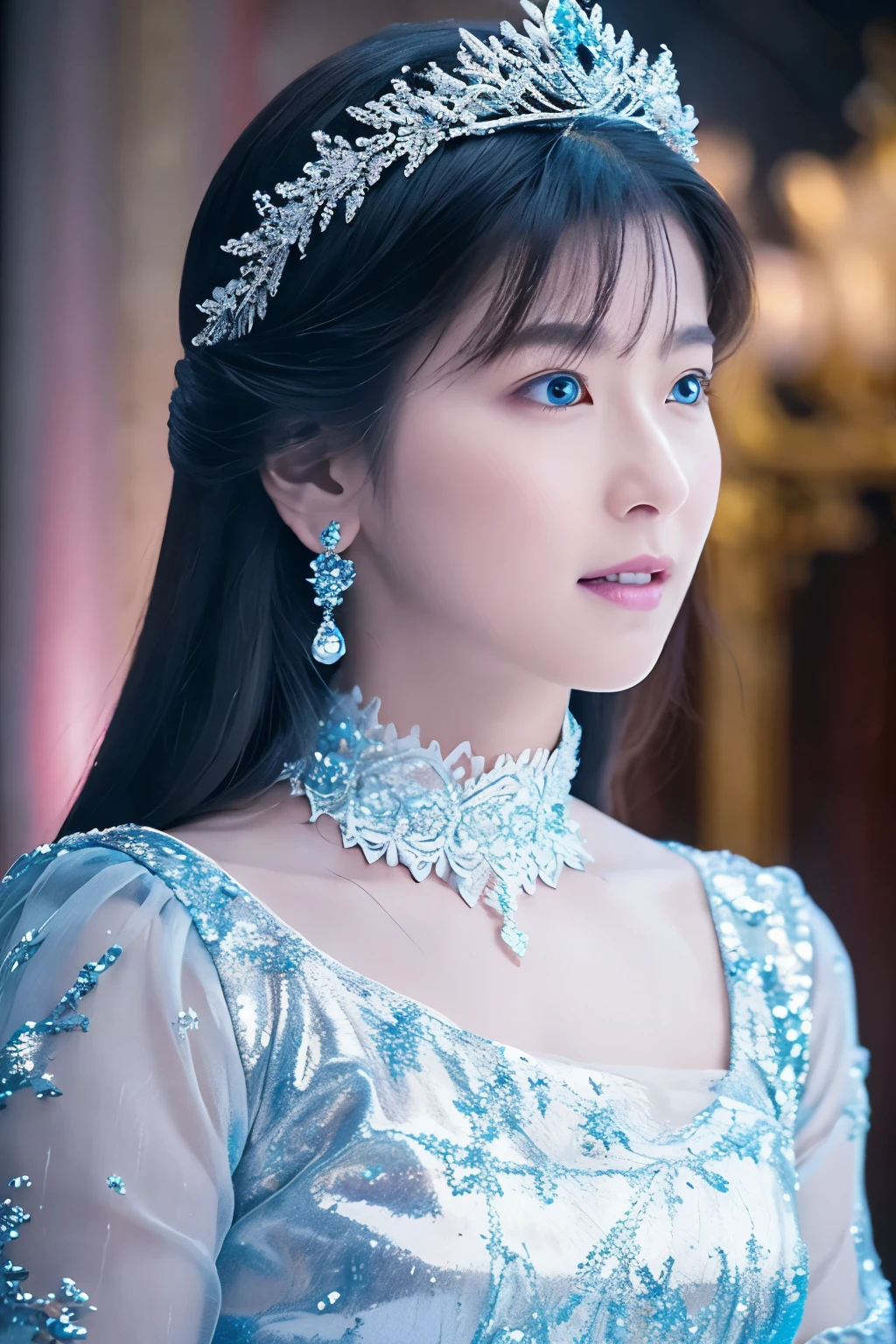 Create a high-quality, hyper-realistic photo of a snow princess inside the most luxurious palace made of intricately shining transparent ice. The scene should be in 8k resolution, featuring a detailed ice palace with elegant pillars and a beautiful ice ceiling. The composition is symmetrical, filled with fantastic light blue light and sacred, mysterious elements. The snow princess has glowing skin as white as snow, beautiful silver light blue hair, and is wearing a glittering silver-white jeweled dress of the highest quality, adorned with elegant decorations and jewelry embellishments. She is standing, and the photo captures her upper body with a blurred background of a detailed, realistic ice palace. Snow is gently falling around her, and she is surrounded by a fantastic soft light, with amazing movie lighting effects creating a magical atmosphere.