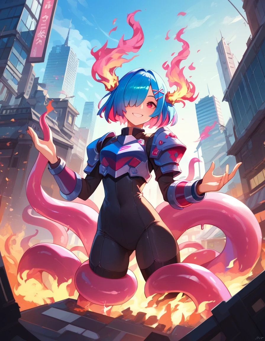 best quality, 4K, masterpiece, Extremely detailed, High Detail, 1 Girl, Solitary, Perry, Blue Hair, Hair covering one eye, Colorful hair, Double tail, Pink Hair, Red Eyes, Two-tone hair, armor, Smile, Burning city background，Slime-covered tentacles