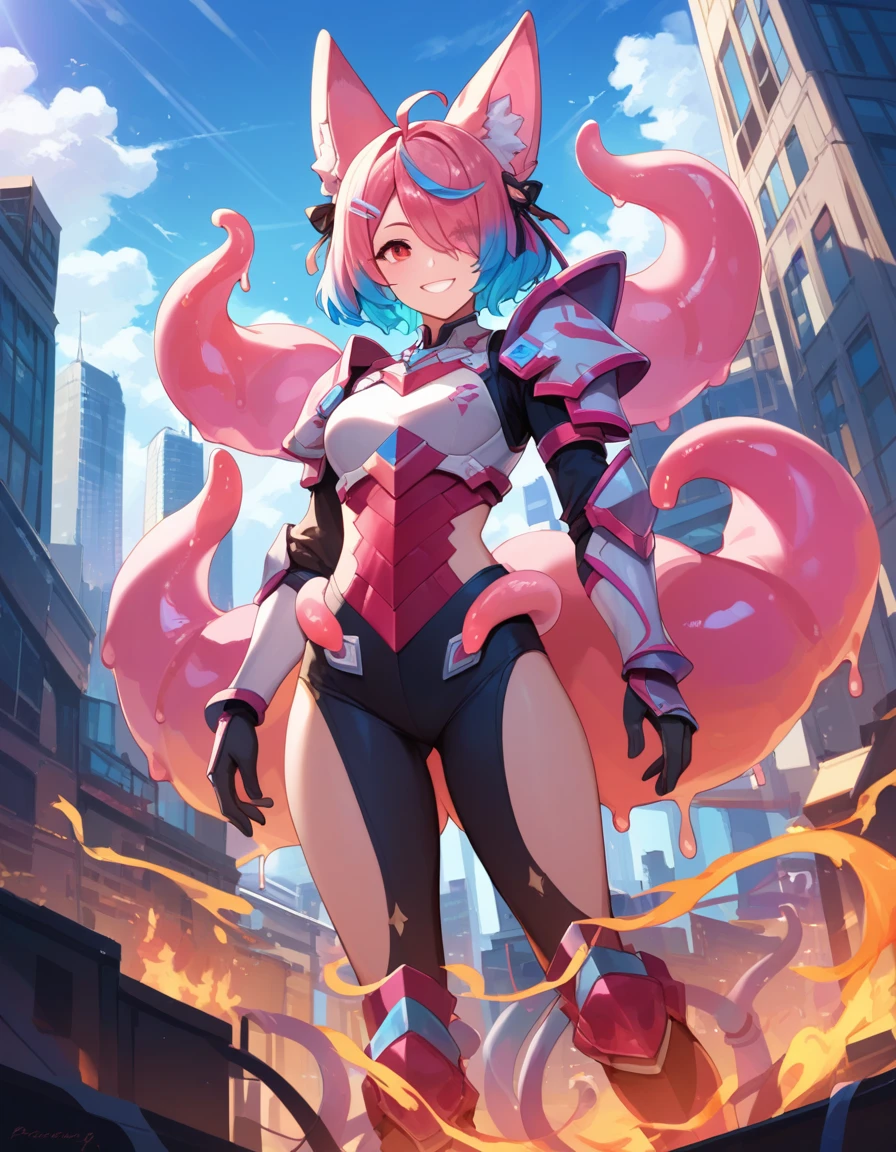 best quality, 4K, masterpiece, Extremely detailed, High Detail, 1 Girl, Solitary, Perry, Blue Hair, Hair covering one eye, Colorful hair, Double tail, Pink Hair, Red Eyes, Two-tone hair, armor, Smile, Burning city background，Slime-covered tentacles