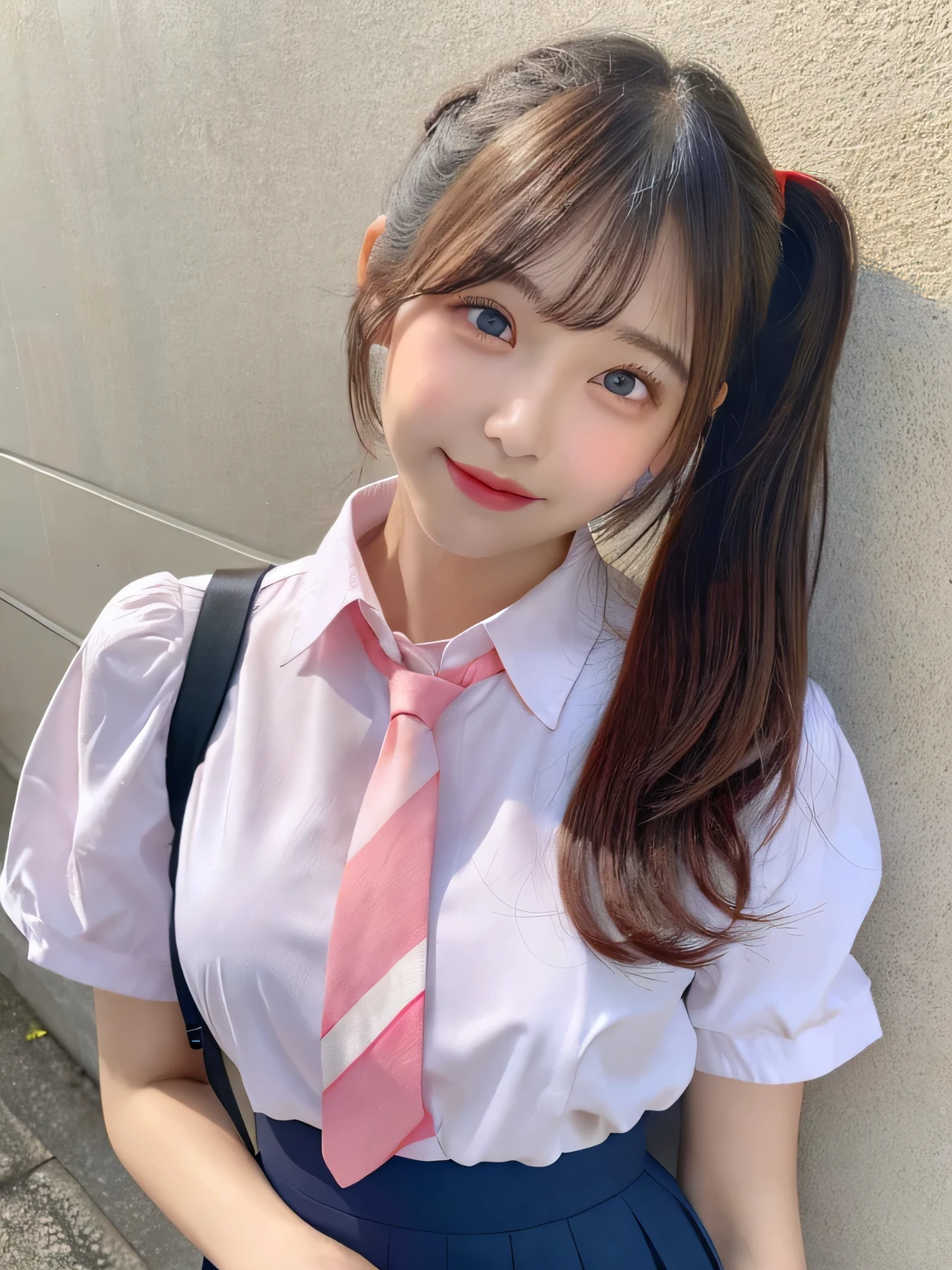 One person、10 years old、Full body photo,slender、woman、White drool coming out of the mouth、smile、、Short Twin Tails、 Fair skin, messy hair, super cute、Soft and Face、8K resolution、Surreal、Ultra high definition、 A-cup small breasts（（Highest resolution、8K、masterpiece：1.3））、Ultra-fine face、Ultra Fine Lips、Beautiful Eyes、double eyelid,Pink wall、Red tie、Light blue shirt、White Skirt、Thighs、thin,Thighsが見える、Shapely small breasts、sexy、So cute!