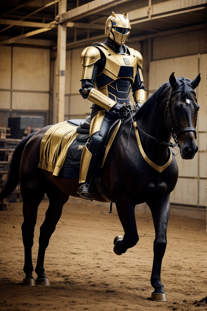 War robot,black and gold color, riding horse 