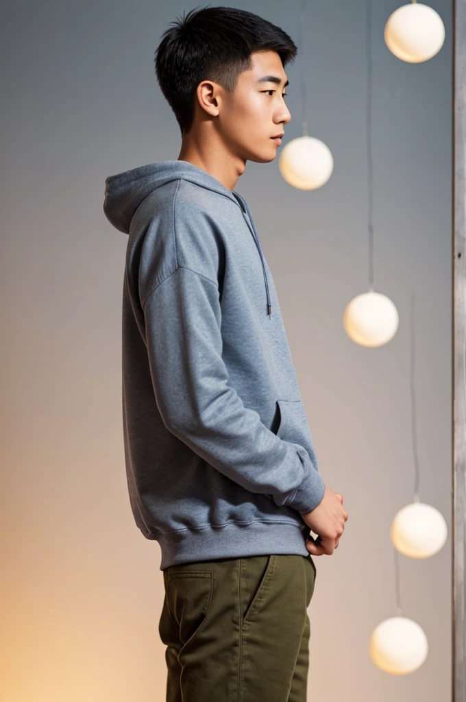 A young man with an oriental face wearing a sweatshirt, with his hands in his pockets and his head down,Profile audience,There is a circle of light balls floating around