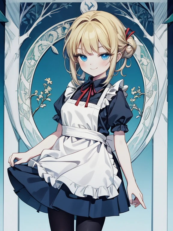 masterpiece, Highest quality, Very detailed, 16K, Ultra-high resolution, Cowboy Shot, Alice in Wonderland, (art nouveau:1.4), 10-year-old girl, Detailed face, (smile:1.5), blue eyes, Blonde, ,half updo, Ribbon on head, Blue clothes, Plain white apron, 大きなclockのある部屋で, clock, 壁clock, Music Box