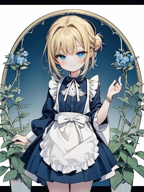 masterpiece, Highest quality, Very detailed, 16K, Ultra-high resolution, Cowboy Shot, Alice in Wonderland, (art nouveau:1.4), -yeld gi Detailed face, (smile:1.5), blue eyes, Blonde, ,half updo, Ribbon on head, Blue clothes, Plain white apron, 大きなclockのある部屋で, clock, 壁clock, Music Box