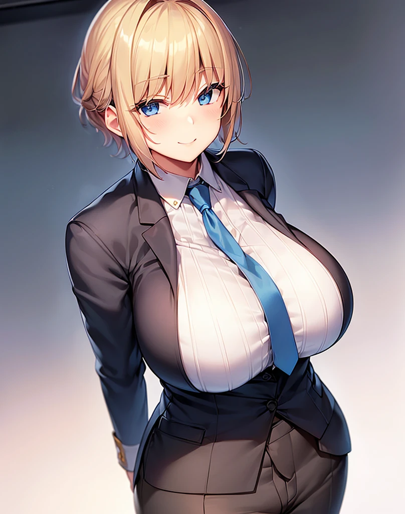 ((Huge breasts))、Blonde、Very short hair、blue eyes、Narrow waist、student、Navy blue blazer、slacks、necktie、Tall、Red cheeks、Perm、Put your arms behind your back、A confident smile
