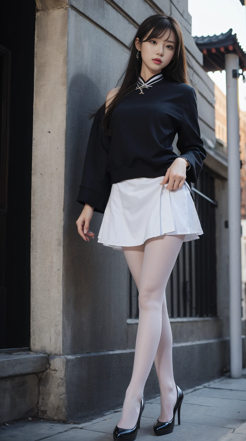 (absurdres:1.2),(slender:1.2),(full_shot:1.3),1girl,(white pantyhose:1.1),chinese_style, mini skirt,outdoors,sunshine,stiletto_heels,tall,standing,