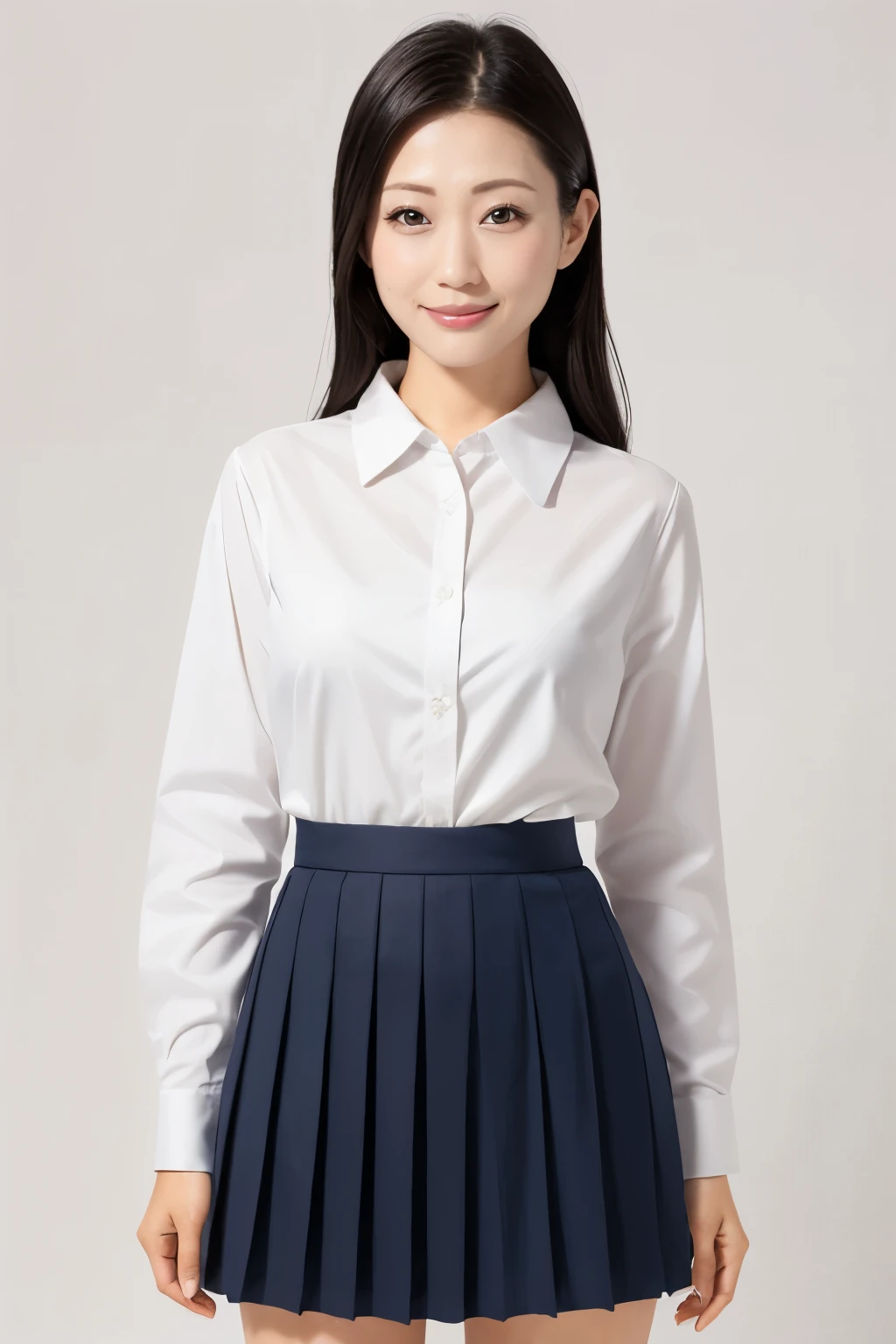 (Highest quality、Tabletop、8K、Best image quality、Award-winning works)、Beautiful  girl、(White polyester collared shirt:1.2)、(Navy Pleated Skirt:1.2)、female portrait photography、Glowing Skin、Brown Hair、Standing Elegantly、(The simplest pure white background:1.2)、(Large Breasts:1.2)、(Accentuate your body lines:1.1)、(Face close-up:1.1)