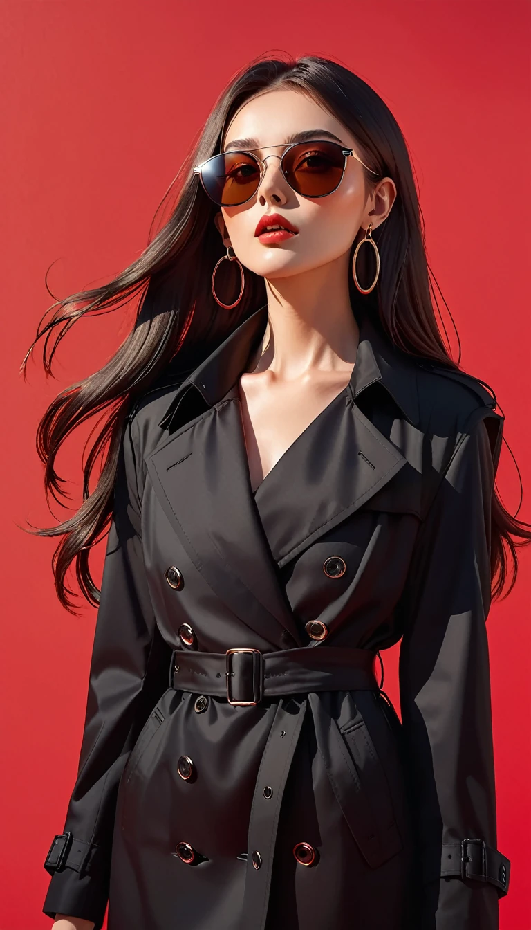 (masterpiece，high quality，8K).beautiful girl，Skin details，Bright Eyes，Straight long hair，sunglasses，Exaggerated earrings，Unique，Staring at the audience），（Black trench coat suit：1.37）。Pull ring，Look up from the bottom up，Light and Shadow，Clean and simple red background