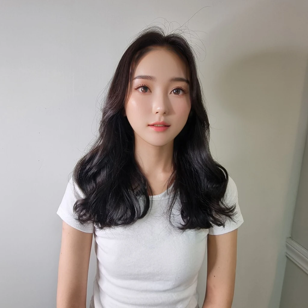 Best Quality, 8k, Masterpiece, (Portrait: 1.3), (photo realistic:1.4), (hyper realistic:1.4), Sharp Focus, looking at viewer, (smoother lighting:1.1), (increase cinematic lighting quality:0.9), realistic lighting, backlighting, light on face, ray trace, (brightening light:1.2), (Increase quality:1.4), sharp detail, (best quality real texture skin:1.4), finely detailed eyes, black_eyes, finely detailed face, 25 year old Korean woman