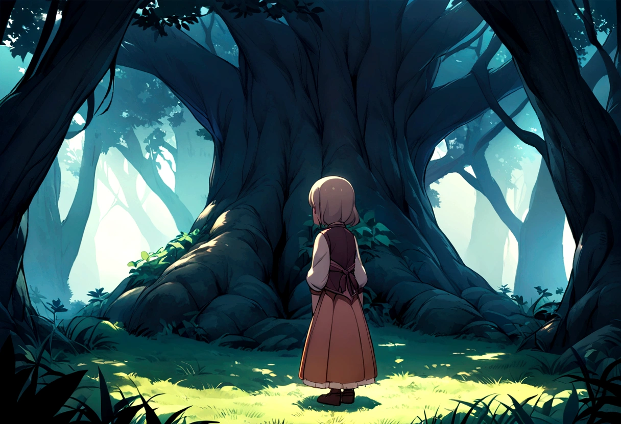 Game CG，close up，sunshine，A boy and a  girl standing back to back under a tree