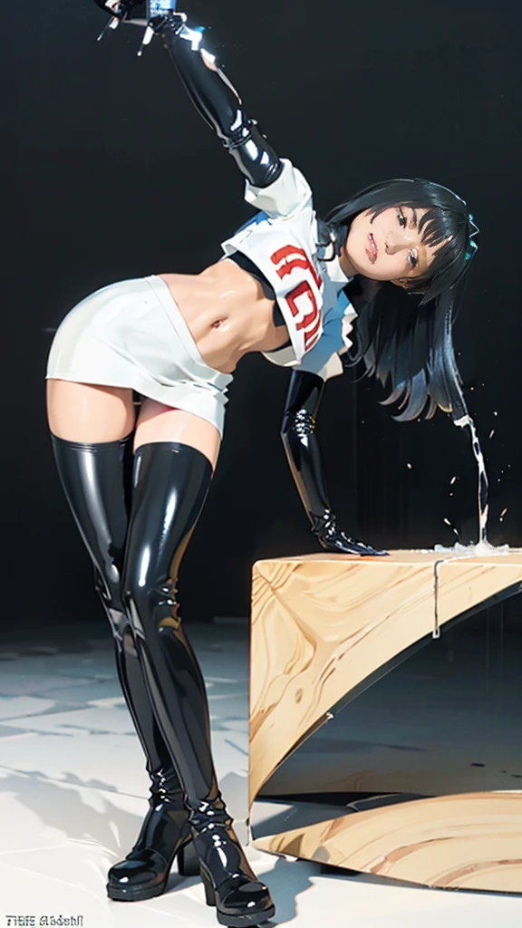 (masterpiece,best quality,In 8K,very detailed,high resolution,realistic,totally:1.2), , high detail, good lighting, , ((The background is a white space)), lewd, hentai, (((Black latex miniskirt))), (((Black latex thigh-high boots))), black latex top, bare midriff, (bare thighs), (black latex gloves),  (((Peeing))), (urine flowing down the leg),  (thick thighs), Long legs are cool, lipstick, detailed face, pretty face, fascinating face, Sexually aroused, Sexually aroused, (((whole body))), (((Spread your legs)))