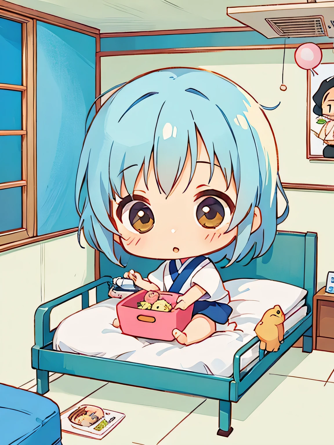 Hayao Miyazaki style、Kawaii Design, The most beautiful girl of all time, (((chibi))), dinner, hospital bed