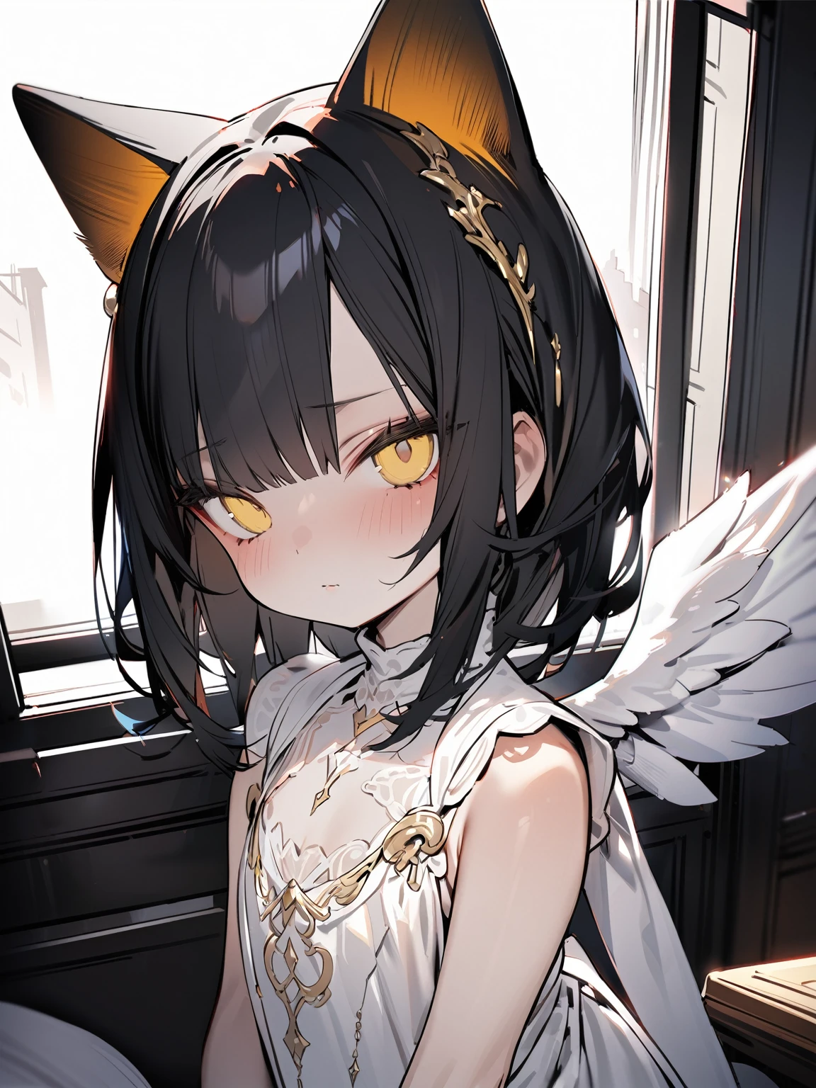 1 female、alone,medium hair、((black hair)),((yellow eyes))、cat ears,((big angel Wing)), Angel、white dress、From front、looking viewer、closed mouth,、beautiful skin、small face、highest quality、masterpiece、very detailed、malicious flow、