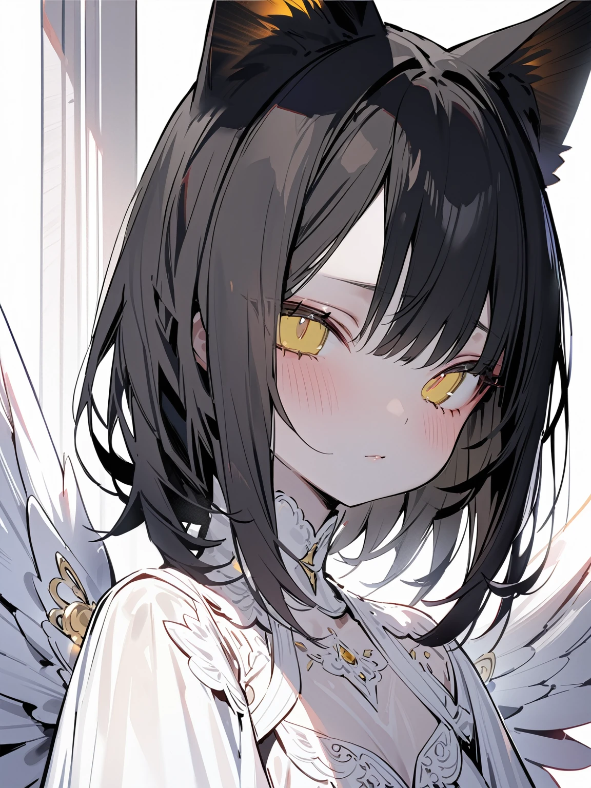 1 female、alone,medium hair、((black hair)),((yellow eyes))、cat ears,((big angel Wing)), Angel、white dress、From front、looking viewer、closed mouth,、beautiful skin、small face、highest quality、masterpiece、very detailed、malicious flow、