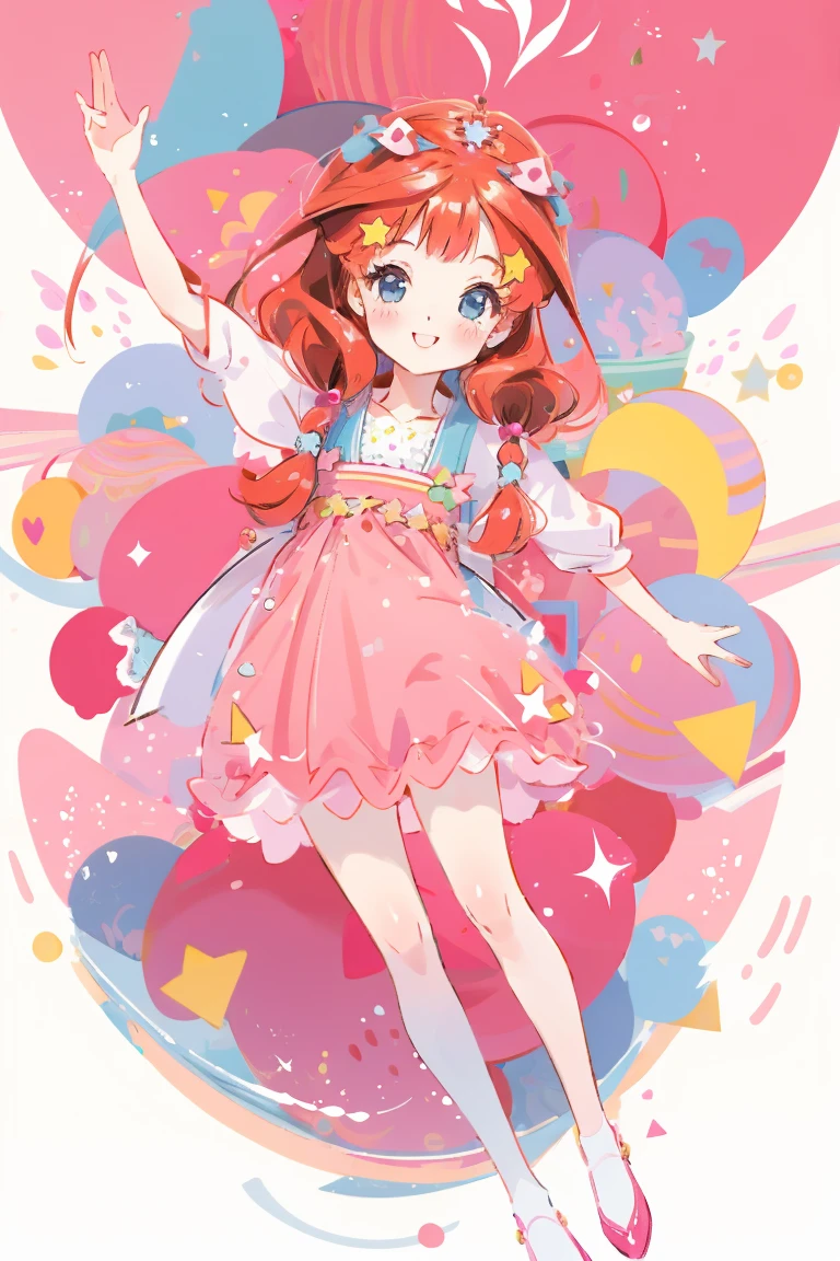 ((best quality)), ((masterpiece)), (detailed), perfect face, 1girl, nakano itsuki, smiling, whimsical, triad color pallette, looking at viewer, pink water droplets, smiling, flat colouring, full body, blank space on the left, fluffy red hair, star hairclips