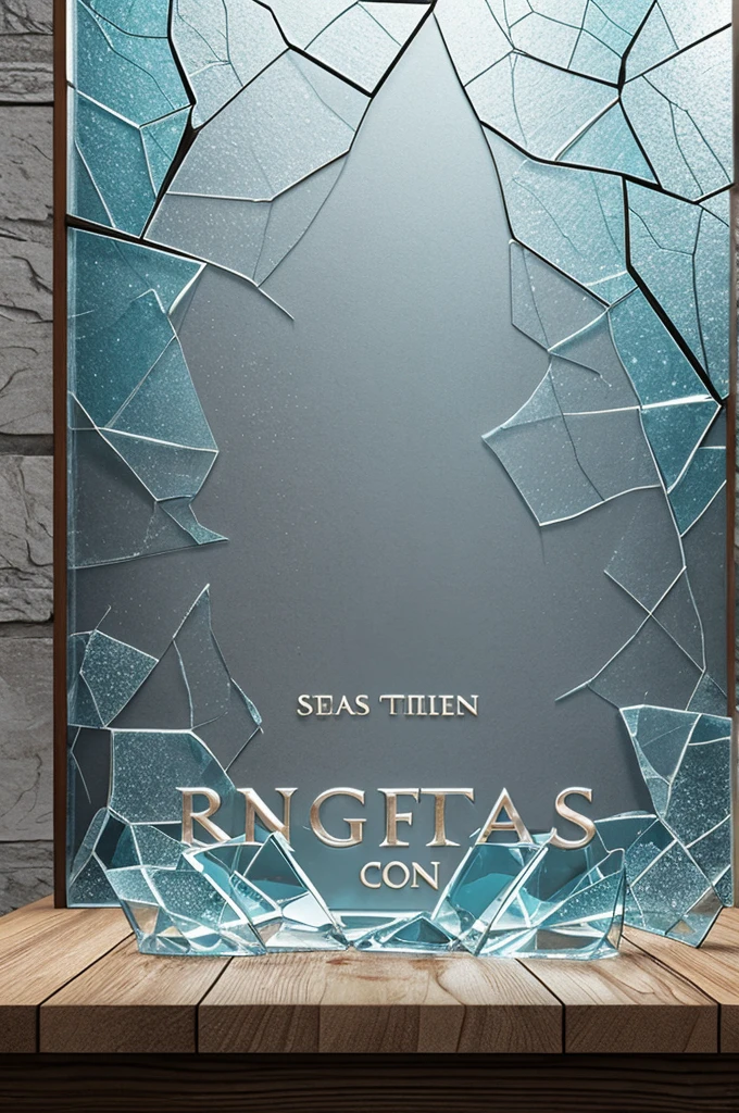 Realistic image CANAS Glass ice broken glass transparent texture BROKEN GLASS ICE font, 30k broken glass transparent, 3D 3D WORDS "CANAS" background beautiful house, stone 3d realistic imagebackground broken table wood stone 3d realistic, vl.2