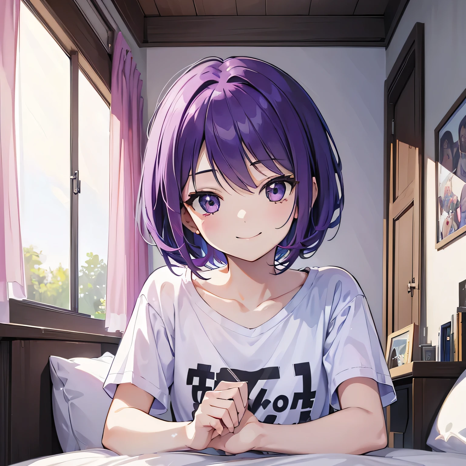 (T Masterpiece,4k wallpaper,Best Quality))、((girl1people))、(solo)、Bright and Brilliant,(Purple Hair)、(short hair:1.3)、smile、Bedroom、T-Shirts、morning