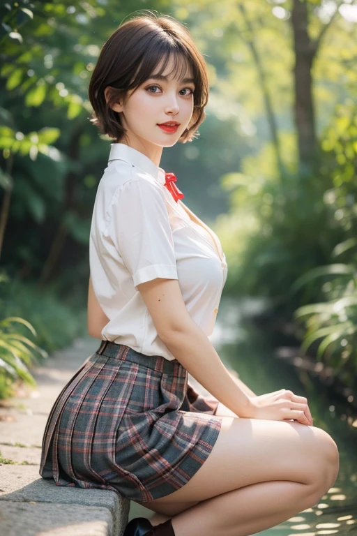 nsfw, 8K raw photo, Best quality, masterpiece, ultra high res, film grain, filmg, 1girl, looking at viewer, natural skin texture, realistic eye and face details, full lips, lipstick, (makeup), red eyeshadow, fluffy short hair, messy hair, smile, close mouth, beautiful legs, tall female, skinny, slim_legs, solo, enormous breast, cleavage, Pose with buttocks facing you, ultra short skirt, ass, shirt, beautiful nature location, around flower location, (detailed background), plaid skirt, white shirt, enormous breast, cleavage, Show a little cleavage through the shirt, loafers, blurry background, blurry, holding, plaid, short sleeves, jk ribbon on the neck, jk ribbon, brown hair, bracelet, water, bangs, , jewelry, parted lips, lips, from side, pleated skirt, depth of field