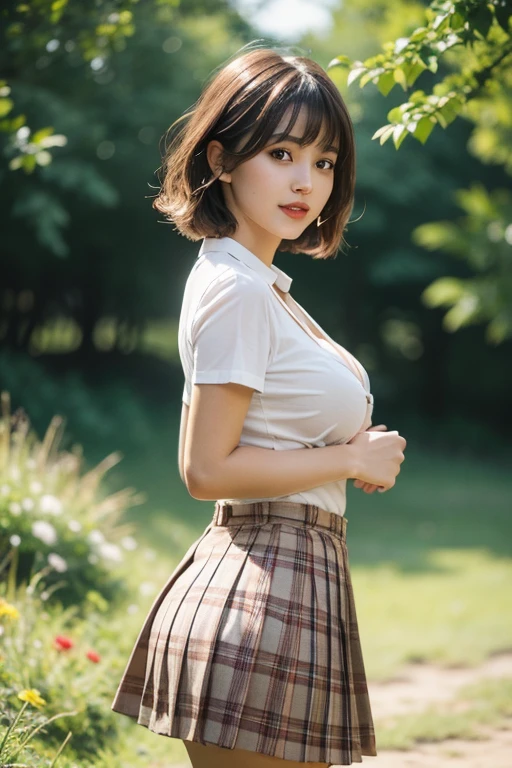 nsfw, 8K raw photo, Best quality, masterpiece, ultra high res, film grain, filmg, 1girl, looking at viewer, natural skin texture, realistic eye and face details, full lips, lipstick, (makeup), red eyeshadow, fluffy short hair, messy hair, smile, close mouth, beautiful legs, tall female, skinny, slim_legs, solo, enormous breast, cleavage, Pose with buttocks facing you, ultra short skirt, ass, shirt, beautiful nature location, around flower location, (detailed background), plaid skirt, white shirt, enormous breast, cleavage, Show a little cleavage through the shirt, loafers, blurry background, blurry, holding, plaid, short sleeves, jk ribbon on the neck, jk ribbon, brown hair, bracelet, water, bangs, , jewelry, parted lips, lips, from side, pleated skirt, depth of field