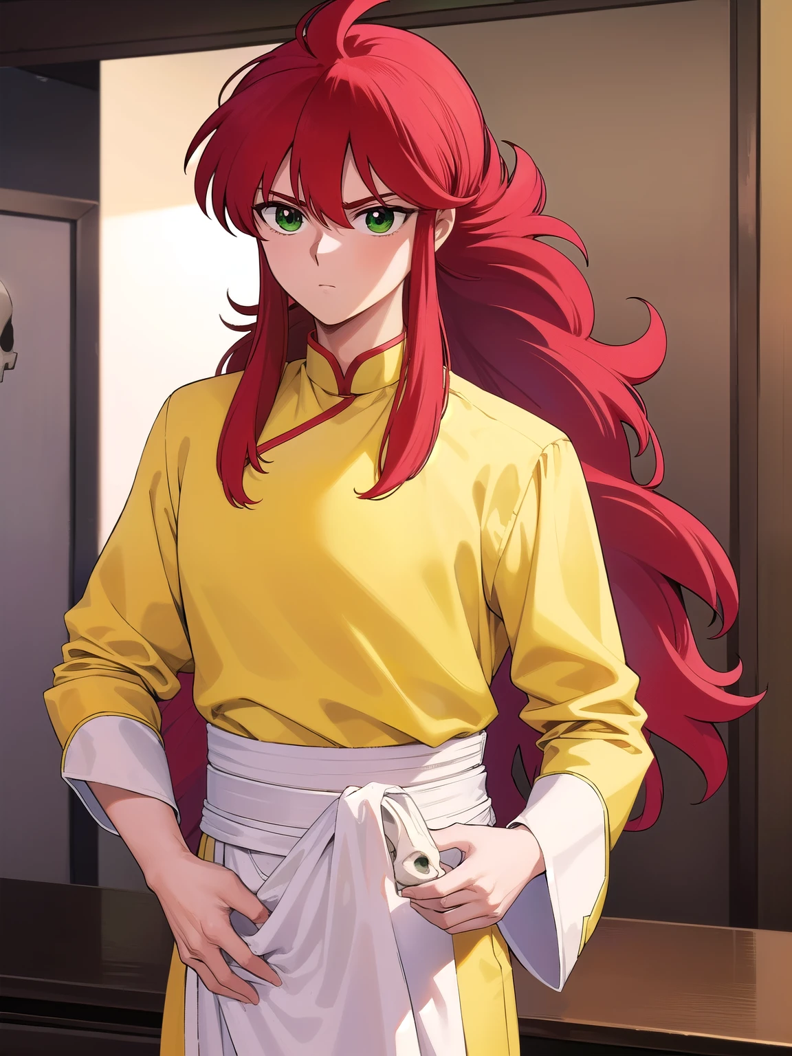 kurama, kurama, long hair, red hair, bangs, (green eyes:1.5), (retro artstyle:1.5), 1990s \(style\),
BREAK long sleeves, pants, chinese clothes, white pants, (yellow shirt:1.5), (white sleeves:1.5), (pelvic curtain:1.2), sash, sleeveless shirt, (((skull back ground)))
BREAK looking at viewer, cowboy shot,
BREAK (masterpiece:1.2), best quality, high resolution, unity 8k wallpaper, (illustration:0.8), (beautiful detailed eyes:1.6), extremely detailed face, perfect lighting, extremely detailed CG, (perfect hands, perfect anatomy),