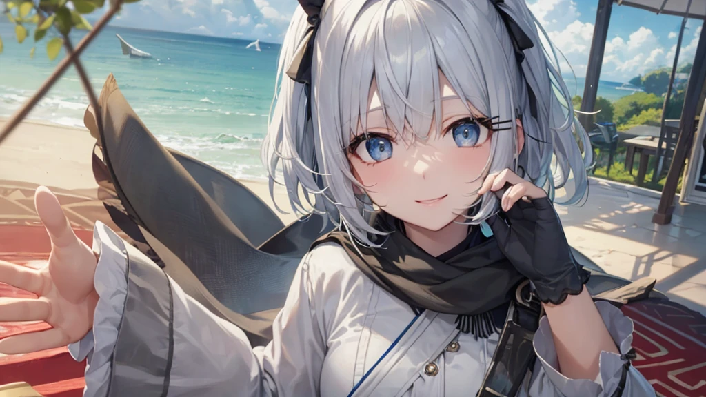 Her eyes were shining、Mysterious and enchanting atmosphere。With AI Painting、とてもShort Hair, Long bangs between the eyes, Very detailed,(masterpiece、Highest quality)、alone、Gray Hair、Fantasy, Silver Hair, Fantasyな風景、White shirt、smile、Open your mouth、Scarf、short hair、Short Hair、hairpin、black eye、Grey Eyes、Beautiful Eyes